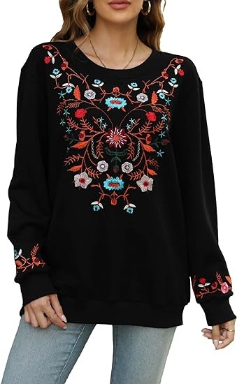LauraKlein Women's Graffiti Embroidered Long Sleeve Pullover for Fall Casual Crew Neck Sweatshirt Loose Fashion Clothing Tops
