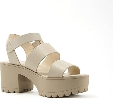 Soda ACCOUNT ~ Women Open Toe Two Bands Lug sole Fashion Block Heel Sandals with Adjustable Ankle Strap