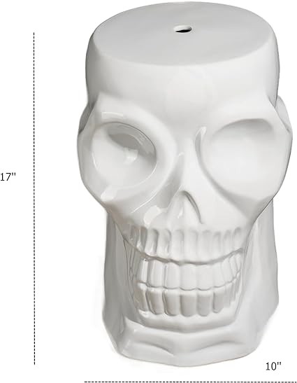 HEINBOW Ceramic Stool Postmodernism Skull Sculpture Punk Furniture Side Table Plant Stand Home Bar Bedroom Club Halloween Men Decoration White