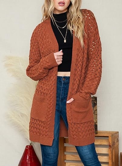 Dokotoo Women's 2023 Fashion Casual Open Front Long Sleeve Chunky Cable Knit Cardigans Sweaters Outerwear Coats with Pockets