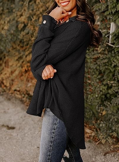 Astylish Womens Waffle Knit Shacket Jacket Casual Long Sleeve Button Down Shirts Outerwear Coat