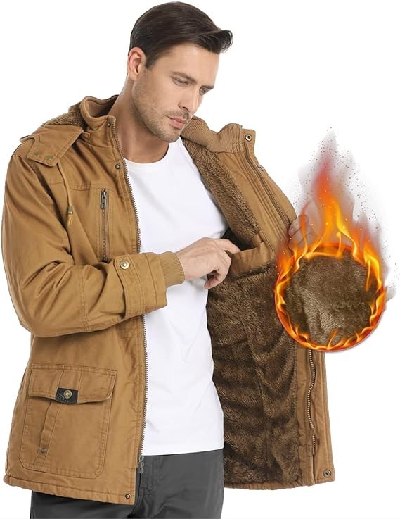 LEPOAR Men's Winter Jacket Military Jacket Fleece Lined Warm Cargo Jackets Removable Hood Cotton Work Coat