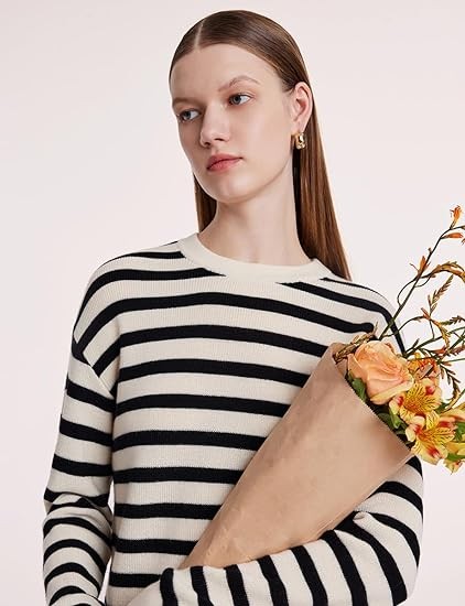 GOELIA Machine Washable Womens Striped Sweater, Long Sleeve Knit Crewneck Merino Wool Pullover Sweater