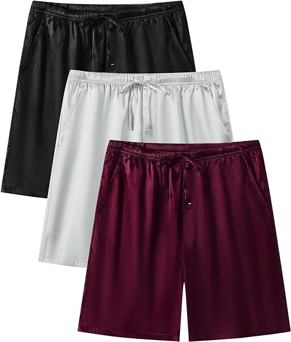 SWOMOG Men's 3 Pack Satin Pajama Shorts Silk Pajama Boxer Lounge Sleep Bottoms Button Fly with Pockets & Drawstring