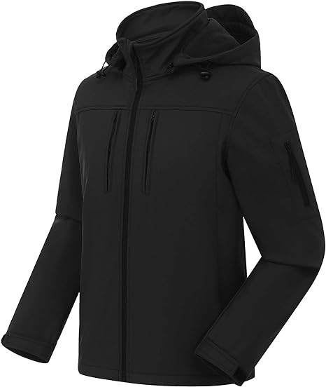 CREATMO US Men's Softshell Military Jacket With Removable Hood, Fleece Lined and Water Repellent Outdoor Reflective Coat