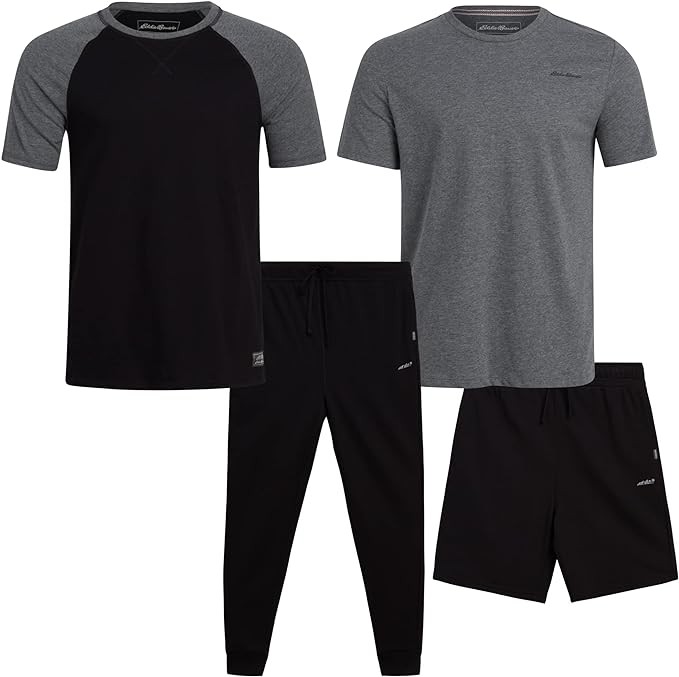 Eddie Bauer Mens' Pajama Set - 4 Piece Lightweight Sleepwear Set - Sweatpants, T-Shirt, and Pajama Shorts for Men (S-XXL)