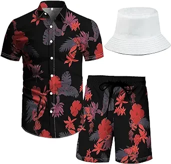 RPOVIG Beach Outfit Matching Shirts Shorts Men's Hawaiian Festival Floral Clothes 2 piece Sets with Bucket Hat