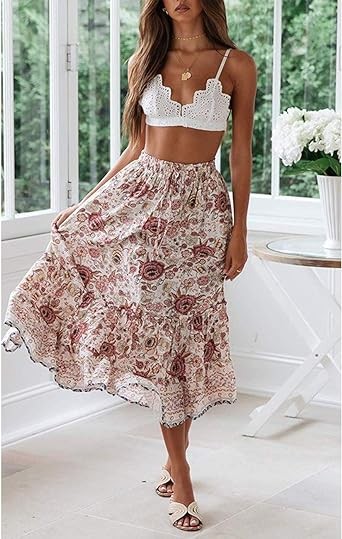 MEROKEETY Women's Boho Floral Print Elastic High Waist Pleated A Line Midi Skirt