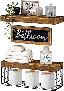 QEEIG Bathroom Shelves Over Toilet, Bathroom Decor Furniture Sets Farmhouse Decorations Aesthetic Décor Sign Small Floating Wall Shelf 2+1 Set 16 inch, Rustic Brown