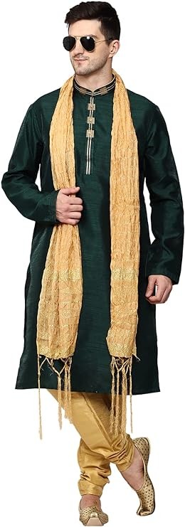 ITOS365 Men's Tunic Art Silk Kurta Pajama and Scarf Suit Set Indian Clothing Wedding Party Dress Gifts Items