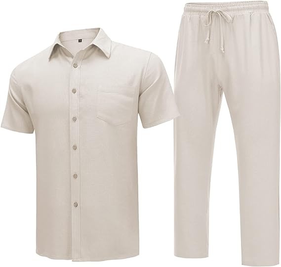 AstoSeu Men’s 2 Piece Linen Set Beach Pants and Shirt Set Summer Vacation Outfits for Men