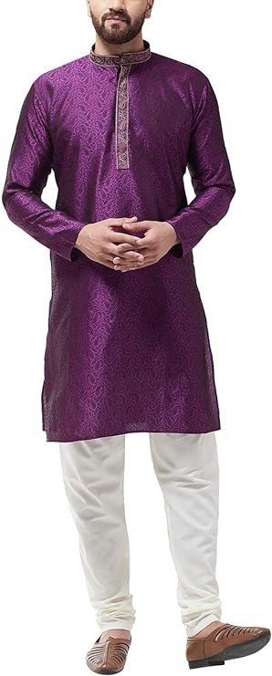Sojanya (Since 1958, Men's Silk Blend Gold Kurta and Off White Churidar Pyjama Set