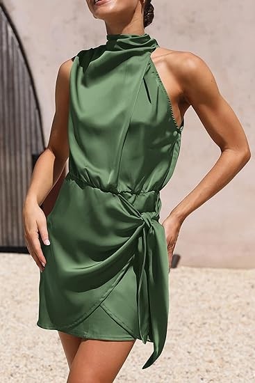 PRETTYGARDEN Women's Short Formal Satin Dress 2023 Summer Sleeveless Mock Neck Tie Waist Cocktail Party Dresses