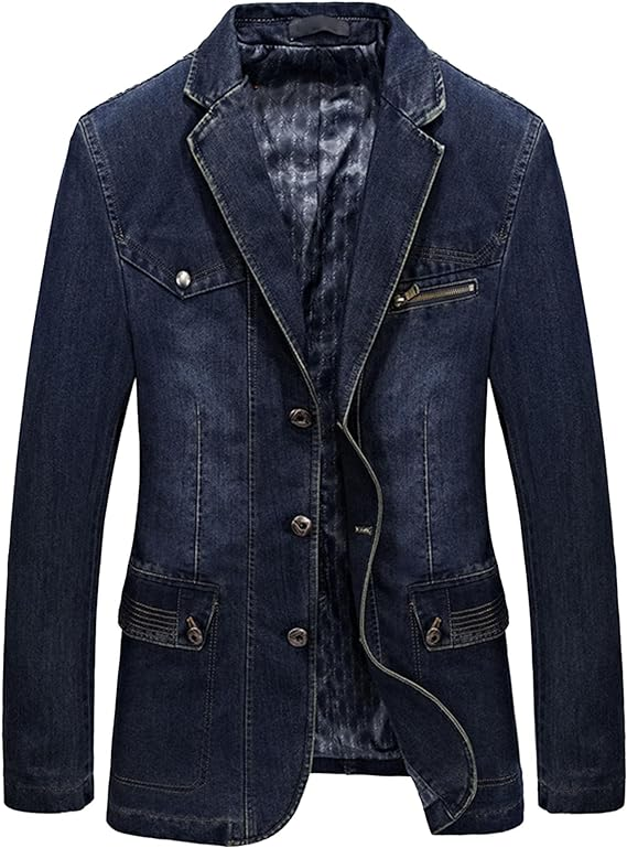 Maiyifu-GJ Men's Cowboy Denim Blazer Jacket Classic Notched Collar 3 Button Coat Tailoring Distressed Casual Coats
