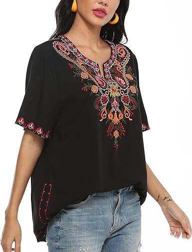 Mexican Embroidered Tops for Women Summer Short Sleeve Boho Shirts Peasant Blouses, Loose Fitting Bohemian Top Hippie Clothes