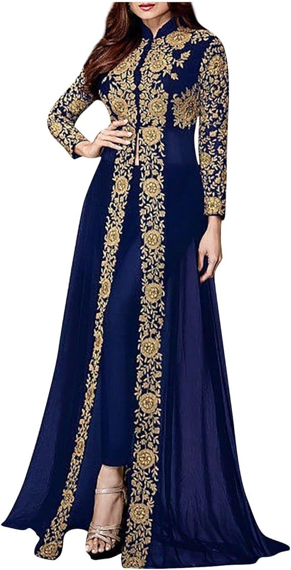 ROKIACDE Vintage Dress for Women Formal Long Sleeve Elegant Lace Chiffon Flowy Maxi Dress Trendy Plus Size Fall Winter Dress