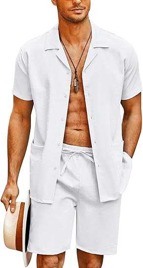 COOFANDY Men's 2 Pieces Shirt Set Regular Fit Short Sleeve Button Down Shirt Suits Casual Beach T-Shirt Shorts Outfits