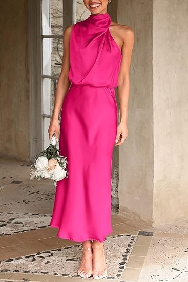 PRETTYGARDEN Women's 2023 Summer Satin Dress Elegant Sleeveless Mock Neck Cocktail Party Maxi Dresses