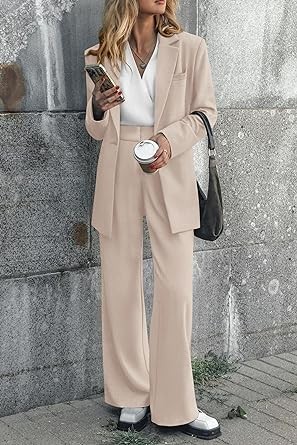 PRETTYGARDEN Women's 2023 Fall Two Piece Outfits Blazer Jacket and Wide Leg Pants Pockets Business Casual Suit Sets