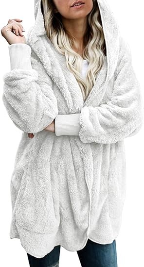 Dokotoo Womens 2023 Winter Long Sleeve Solid Fuzzy Fleece Open Front Hooded Cardigans Jacket Coats Outerwear with Pocket