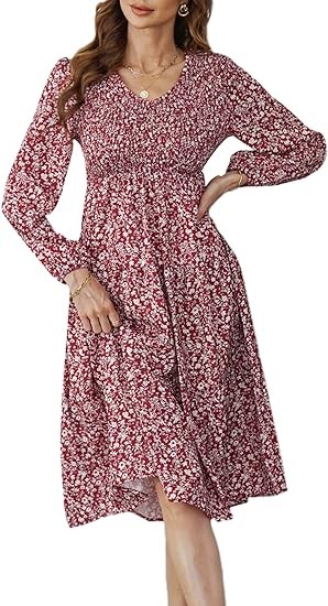 Ailsi Womens Spring Puff Sleeve V Neck Smocked High Waist Tiered Swing Midi Dress