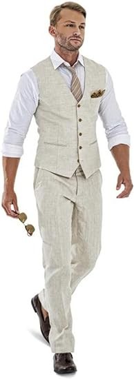 Casual Linen Beige Men's 2 Piece Suits Wedding Suits Slim Fit Groomsmen Tuxedos Prom Blazer Custom Summer Linen Vest+Pant