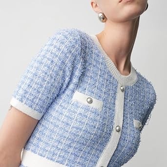 URBAN REVIVO Women's Short Sleeve Tweed Knitted Sweater Dress Pearl Button Mini Dresses for Spring Summer Fall