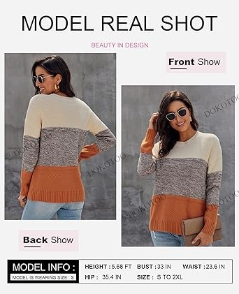 Dokotoo Womens Color Block Sweaters Long Sleeve Crewneck Pullover Knit Jumper Tops
