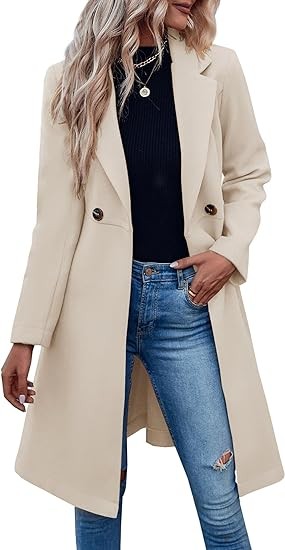 Fazortev Women's Double Button Belted Tweed Overcoat Basic Long Sleeve Notched Lapel Pea Trench Jacket Outwear Coats
