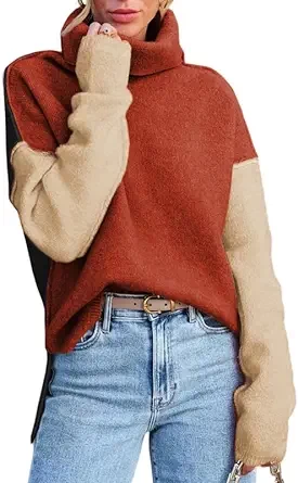 Dokotoo Womens Turtleneck Sweaters Casual Long Sleeve Color Block Side Slit Pullover Knit Jumper Tops