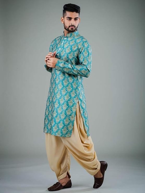 ELINA FASHION Men's Indian Satin Cotton Kurta Dhoti Set Tunic Traditional Wear