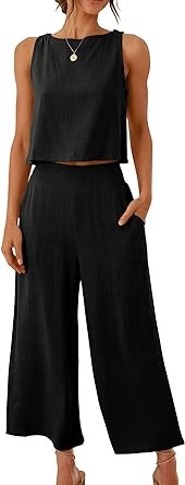 ANRABESS Women's Summer 2 Piece Outfits Sleeveless Tank Crop Button Back Top Capri Wide Leg Pants Linen Set with Pockets