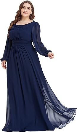 Ever-Pretty Women's Round Neck Long Lantern Sleeve Chiffon Pleated Long Bridesmaid Dresses 0106B