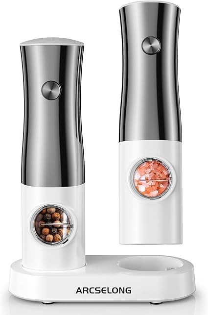 Arcselong Electric Salt And Pepper Grinder Set Stainless Steel Top With Type-C Rechargeable Base, No Battery