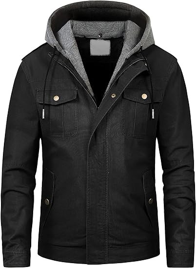 Pursky Men's Military Jacket Casual Washed Cotton Hooded Canvas Coat Fall Coat