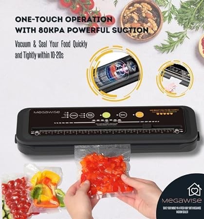2023 Model B Megawise Powerful & Compact Vacuum Sealer Machine One-Touch Automatic Food Sealer 4 Food Types (Cold Wet Moist Dry) & 3 Bag types (Thick Medium Thin）OMNI MACHINE (Black)