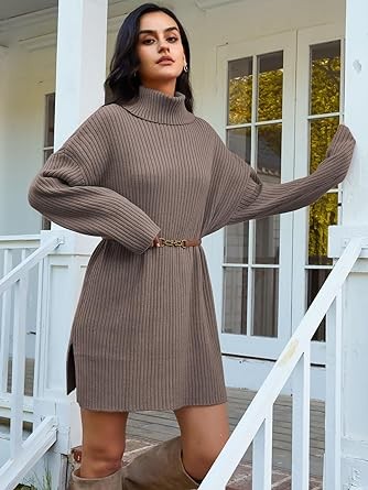 LILLUSORY Womens Turtleneck Oversized Long Batwing Sleeve Fall Sweater 2023 Plus Size Tunic Pullover Ribbed Knit Dresses