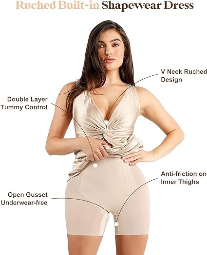 Popilush Shaper Dress Ruched Bodycon Dresses - Deep V Neck Maxi Formal Dresses Built in Shapewear Sleeveless Long Dress