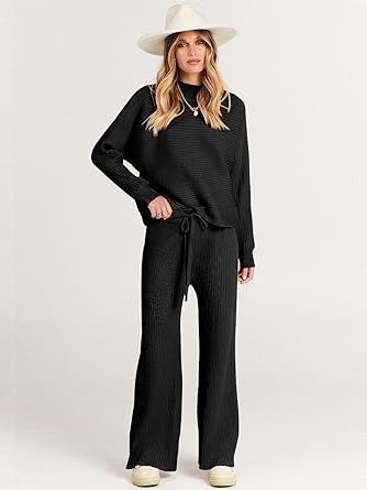 ANRABESS Women's Two Piece Outfits Batwing Long Sleeve Crop Top & Ribbed Knit Wide Leg Pants Loungewear Sweater Sets
