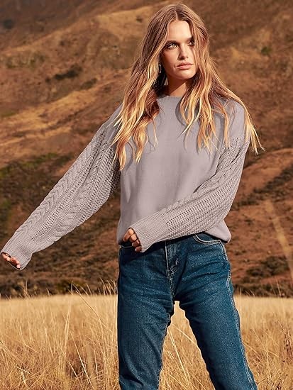 ANRABESS Women's 2023 Trendy Sweaters Long Sleeve Crewneck Cable Knit Pullover Oversized Casual Chunky Tops