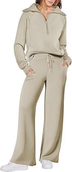 ANRABESS Women 2 Piece Outfits Sweatsuit Set 2023 Fall Oversized Half Zip Sweatshirt Wide Leg Sweatpant Lounge Set Tracksuit