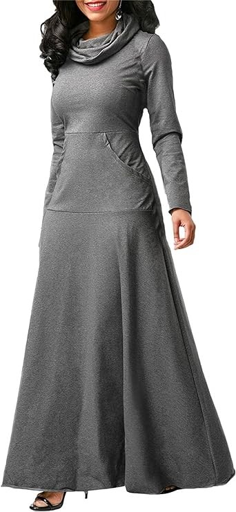 ZWRXW Womens Turtleneck Maxi Dress Casual Long Sleeve Fall Winter Elegant Solid Plus Size Swing Long Dresses with Pocket
