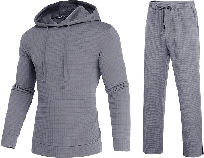 ZSJR Mens Sweatsuits Sets 2 Piece Outfits Hooded Athletic Tracksuit Regular Fit Plaid Jacquard Jogging Suit Set