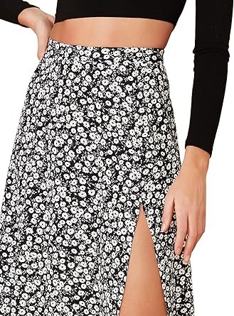 Verdusa Women's Sexy Boho Floral Split Thigh High Waist Swing Midi Skirt