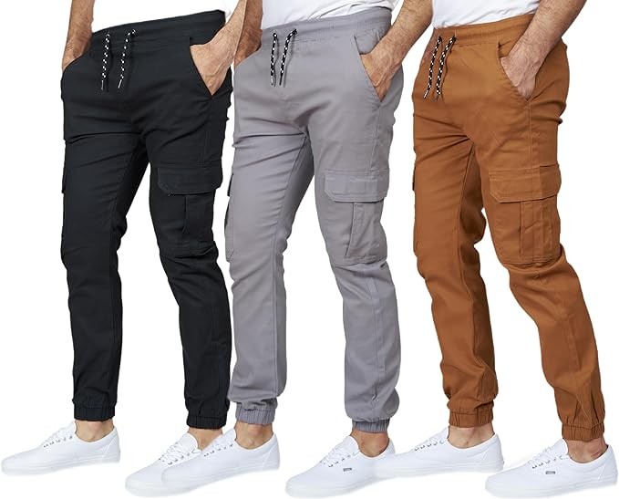RGSTR 3 Pack Cargo Pants for Men - Relaxed Fit Twill Joggers with Elastic Waistband and Stretch Fabric - Casual Wear