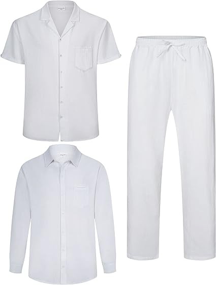 YAOGRO Men's Linen Sets Outfits: 3 Piece Beach Button Down Shirts Casual Loose Pants Short Sleeve Walking Suits