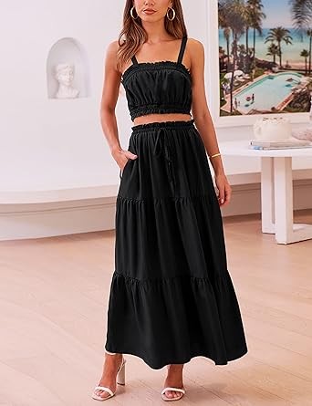 MEROKEETY Women 2 Piece Outfits Sleeveless Crop Top High Waist Long Skirt Set With Pockets