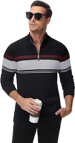 TACVASEN Men's Quarter Zip Up Sweater Striped Pullover Polo Mock Neck Sweaters Casual Fall Winter Sweatshirts