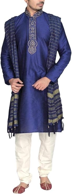 MKP9007 Blue and Ivory Men's Kurta Pyjama Indian Suit Bollywood Sherwani