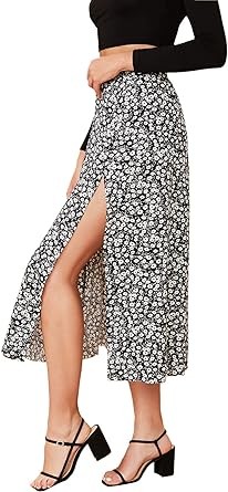 Verdusa Women's Sexy Boho Floral Split Thigh High Waist Swing Midi Skirt